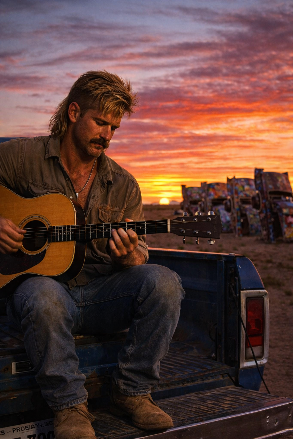 Joel Boel on the tailgate at Cadillac Ranch