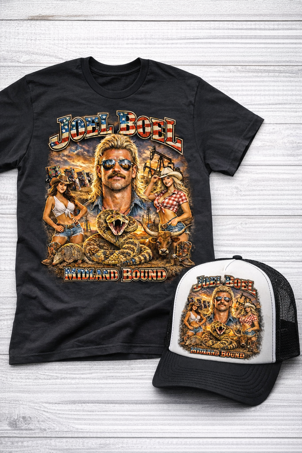 Joel Boel Midland Bound shirt and trucker hat mockup