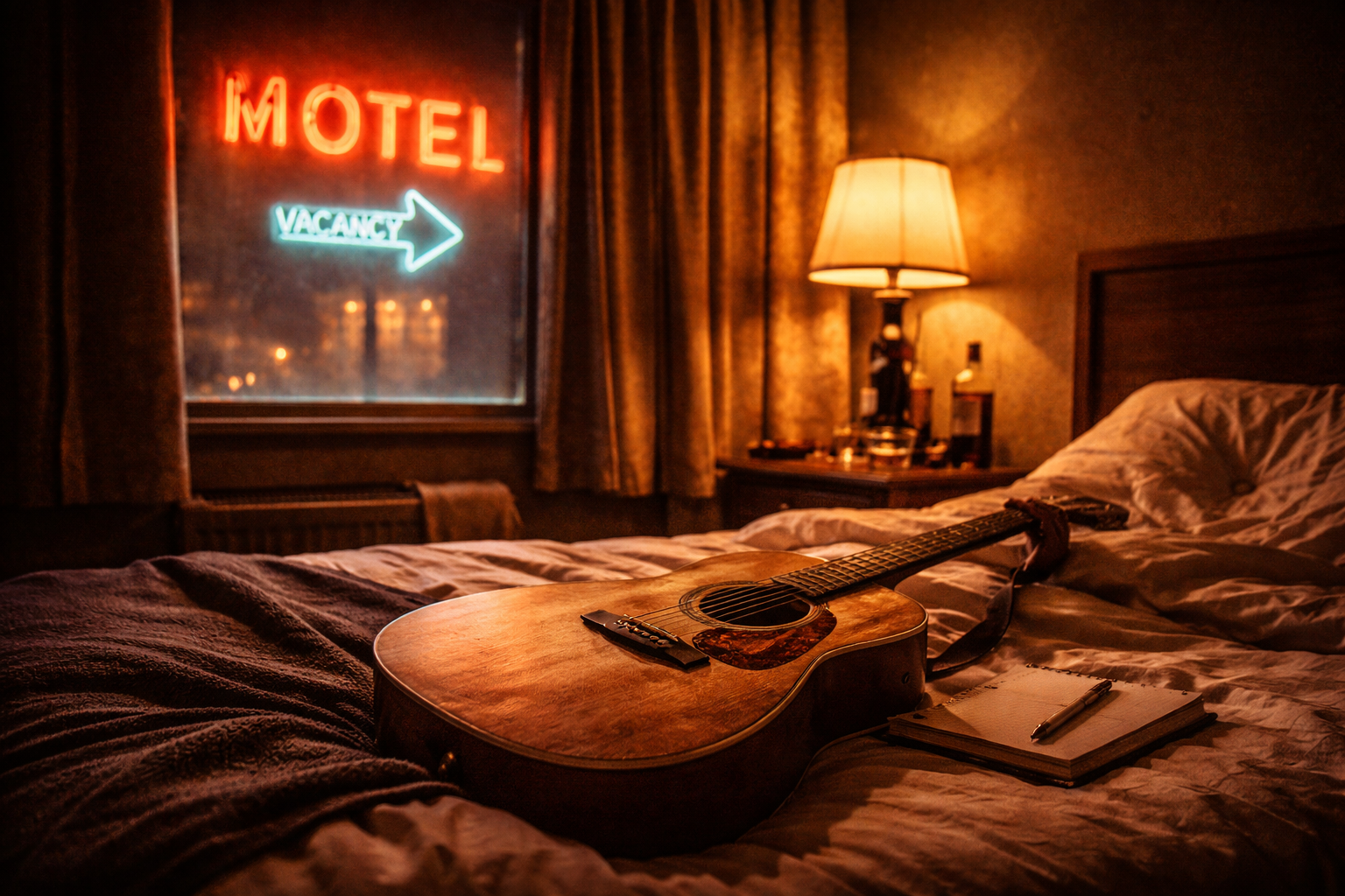 Joel playing guitar in a motel